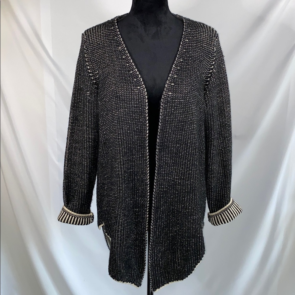 Indigo Thread Co Open Front Cardigan Sweater M Black Cream Geometric Knit Boho